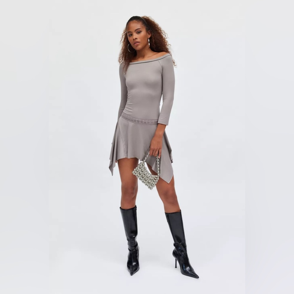 UO Silence + Noise Lorena Off-The-Shoulder Drop Waist Mini Dress